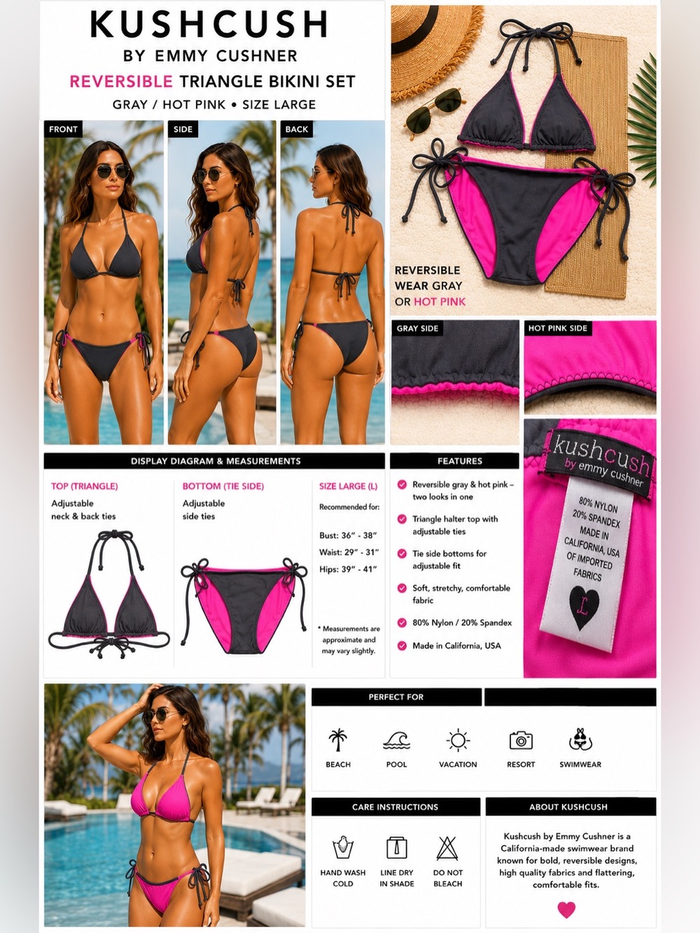 Kushcush by Emmy Cushner Triangle Bikini Set Gray Hot Pink Tie Side Women's L
